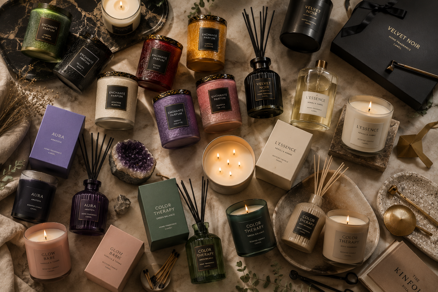 Cinco velas Enchanté Parfum sobre agua con rama de olivo